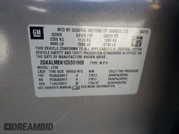 2012 GMC Terrain SLE-1 with VIN 2GKALMEK1C6331909, listed as a Copart auction lot 60294225 with 100,631 mi miles and Salvage title. Bid and sale history available at DreamBid. Image 13.