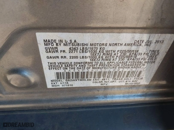 2014 Mitsubishi Outlander Sport ES with VIN 4A4AP3AU3EE002749, listed as a IAAI auction lot 41625639 with 121,680 mi miles. Bid and sale history available at carsss.com. Image 9.