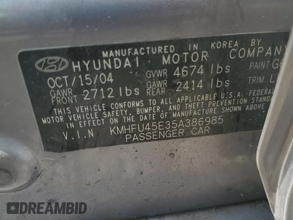 2005 Hyundai XG350 with VIN KMHFU45E35A386985, listed as a Copart auction lot 64235224 with 41,970 mi miles and Salvage Title. Bid and sale history available at carsss.com. Image 12.