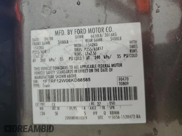 2008 Ford F-150 XL with VIN 1FTRF12W08KD88585, listed as a Copart auction lot 45345645 with 104,791 mi miles and Salvage title. Bid and sale history available at DreamBid. Image 13.