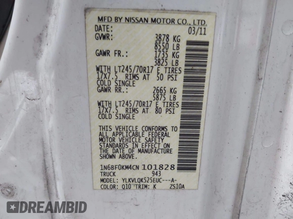 2012 Nissan NV S with VIN 1N6BF0KM4CN101828, listed as a IAAI auction lot 41716390 with 334,426 mi miles. Bid and sale history available at carsss.com. Image 9.