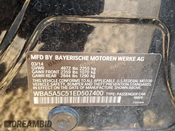2014 BMW 5 Series 528i z VIN WBA5A5C51ED507400, wystawiony jako Copart lot #53066485 z przebiegiem 152 830 mil mil oraz Szkoda całkowita • Salvage title. Historia ofert i sprzedaży dostępna na DreamBid. Obrazek 14.