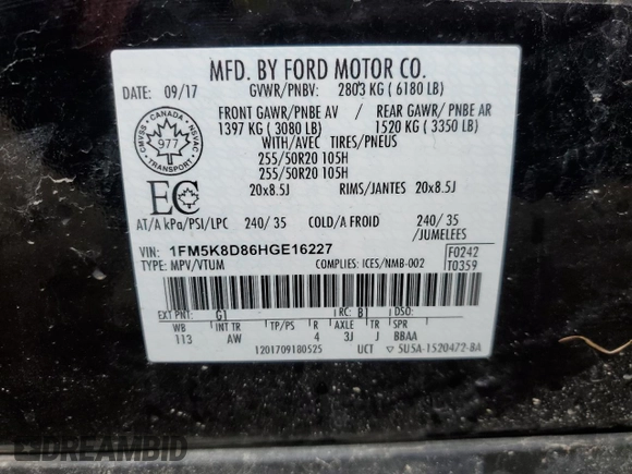 2017 Ford Explorer XLT z VIN 1FM5K8D86HGE16227, wystawiony jako Copart lot #82871484 z przebiegiem Nie podano mil oraz Szkoda całkowita • Salvage title. Historia ofert i sprzedaży dostępna na DreamBid. Obrazek 15.