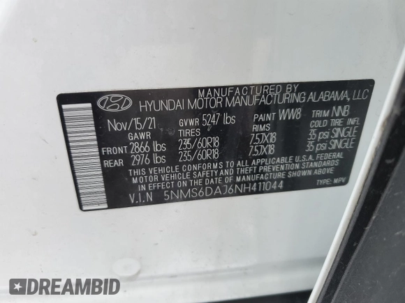 2022 Hyundai Santa Fe SEL with VIN 5NMS6DAJ6NH411044, listed as a Copart auction lot 52317385 with 44,482 mi miles and Salvage Title. Bid and sale history available at carsss.com. Image 15.