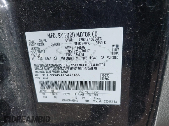 2007 Ford F-150 XLT with VIN 1FTPW14V47KA71466, listed as a IAAI auction lot 41996518 with 225,384 mi miles. Bid and sale history available at carsss.com. Image 9.