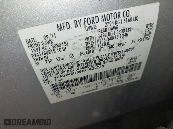 2012 Ford Explorer XLT with VIN 1FMHK8D86CGA22748, listed as a IAAI auction lot 42284664 with 227,870 mi miles and . Bid and sale history available at DreamBid. Image 9.