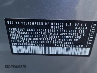 2024 Volkswagen Jetta S with VIN 3VW5M7BU6RM073190, listed as a IAAI auction lot 42844463 with 33,096 mi miles and . Bid and sale history available at DreamBid. Image 25.