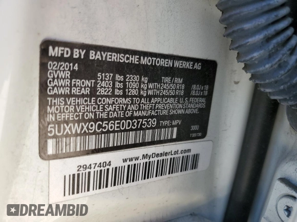 2014 BMW X3 xDrive28i with VIN 5UXWX9C56E0D37539, listed as a Copart auction lot 52455925 with 122,040 mi miles and Salvage Title. Bid and sale history available at DreamBid. Image 15.