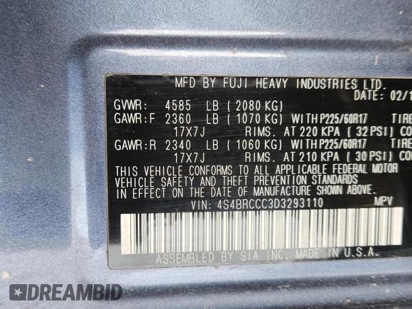 2013 Subaru Outback Premium with VIN 4S4BRCCC3D3293110, listed as a Copart auction lot 81638244 with Not provided miles and Clean title. Bid and sale history available at DreamBid. Image 8.
