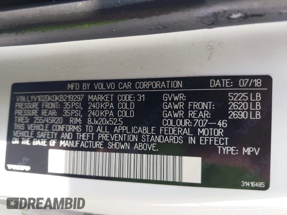 2019 Volvo XC60 Momentum with VIN LYV102DK0KB219297, listed as a IAAI auction lot 41781458 with 80,524 mi miles and . Bid and sale history available at DreamBid. Image 9.