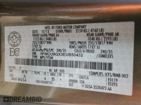 2014 Ford Escape SE with VIN 1FMCU9GX3EUB50432, listed as a Copart auction lot 50922755 with 276,474 mi miles and Clean Title. Bid and sale history available at DreamBid. Image 13.