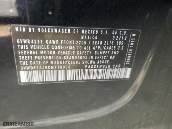 2012 Volkswagen Jetta Sedan SE PZEV with VIN 3VWDP7AJ6CM116086, listed as a Copart auction lot 83877054 with NaN miles and Salvage Title. Bid and sale history available at carsss.com. Image 12.