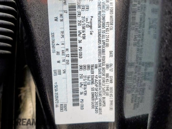 2017 Ford Focus SE with VIN 1FADP3F22HL303420, listed as a Copart auction lot 58932675 with 44,707 mi miles and Salvage title. Bid and sale history available at DreamBid. Image 13.