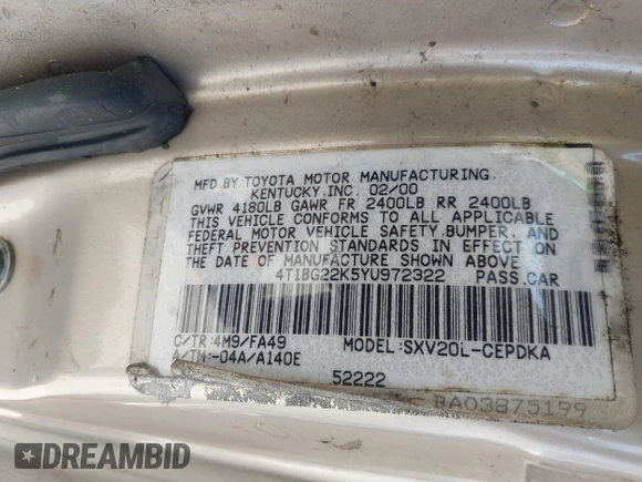 2000 Toyota Camry CE z VIN 4T1BG22K5YU972322, wystawiony jako IAAI lot #42098429 z przebiegiem 122 351 mil mil oraz . Historia ofert i sprzedaży dostępna na DreamBid. Obrazek 9.