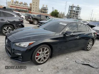 2021 Infiniti Q50 Red Sport 400 with VIN JN1FV7DR2MM880374, listed as a Copart auction lot 57586655 with 44,508 mi miles and Salvage title. Bid and sale history available at DreamBid. Image 1.