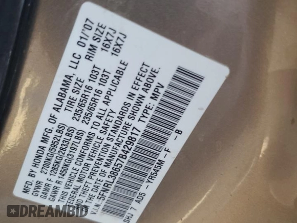 2007 Honda Odyssey EX-L with VIN 5FNRL38657B429817, listed as a Copart auction lot 54777025 with Not Provided miles and Salvage Title. Bid and sale history available at DreamBid. Image 13.