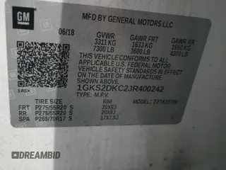 2018 GMC Yukon SLT Standard Edition with VIN 1GKS2DKC2JR400242, listed as a Copart auction lot 52111245 with 184,979 mi miles and Clean Title. Bid and sale history available at carsss.com. Image 13.