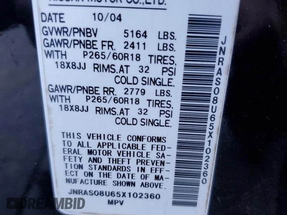 2005 Infiniti FX с VIN JNRAS08U65X102360, выставлен на аукционе Copart как лот 79888454 с пробегом 249 693 миль миль и Списание • Salvage title. История ставок и продаж доступна на DreamBid. Изображение 12.