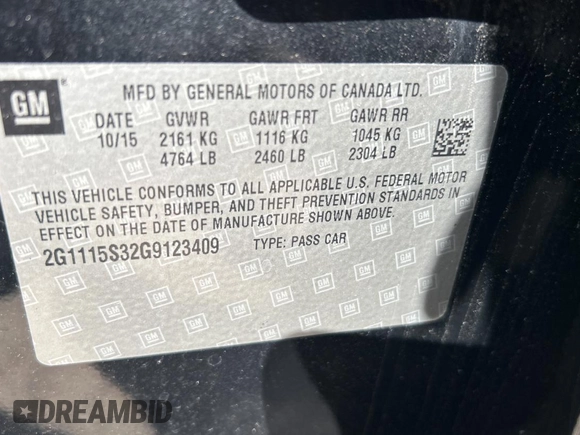 2016 Chevrolet Impala LT with VIN 2G1115S32G9123409, listed as a Copart auction lot 66641415 with 160,813 mi miles and Clean title. Bid and sale history available at DreamBid. Image 10.