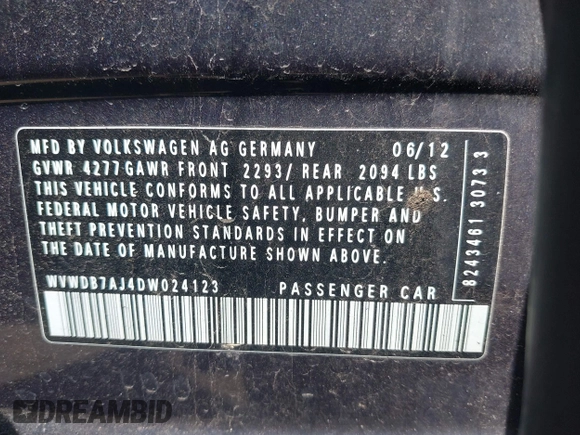2013 Volkswagen Golf w/Conv with VIN WVWDB7AJ4DW024123, listed as a IAAI auction lot 42377166 with 154,000 mi miles and . Bid and sale history available at DreamBid. Image 9.