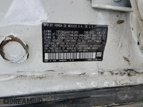 2024 Honda HR-V EX-L with VIN 3CZRZ1H7XRM712668, listed as a Copart auction lot 57045915 with 15,729 mi miles and Salvage title. Bid and sale history available at DreamBid. Image 13.
