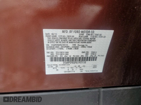 2015 Ford Taurus Limited с VIN 1FAHP2F83FG192110, выставлен на аукционе Copart как лот 61594445 с пробегом 46 444 миль миль и Чистый • Clean title. История ставок и продаж доступна на DreamBid. Изображение 13.