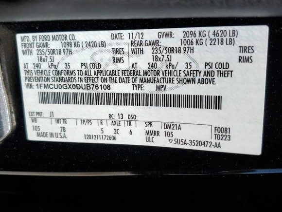 2013 Ford Escape SE with VIN 1FMCU0GX0DUB76108, listed as a Copart auction lot 50599605 with 127,383 mi miles and Salvage Title. Bid and sale history available at carsss.com. Image 16.