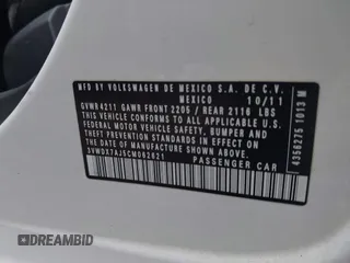 2012 Volkswagen Jetta SE с VIN 3VWDX7AJ5CM062621, выставлен на аукционе IAAI как лот 42365957 с пробегом 95 374 миль миль и . История ставок и продаж доступна на DreamBid. Изображение 9.