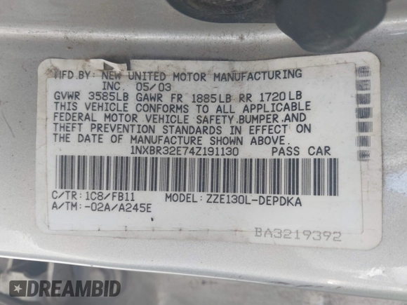 2004 Toyota Corolla CE with VIN 1NXBR32E74Z191130, listed as a IAAI auction lot 42036619 with 211,884 mi miles and . Bid and sale history available at DreamBid. Image 9.