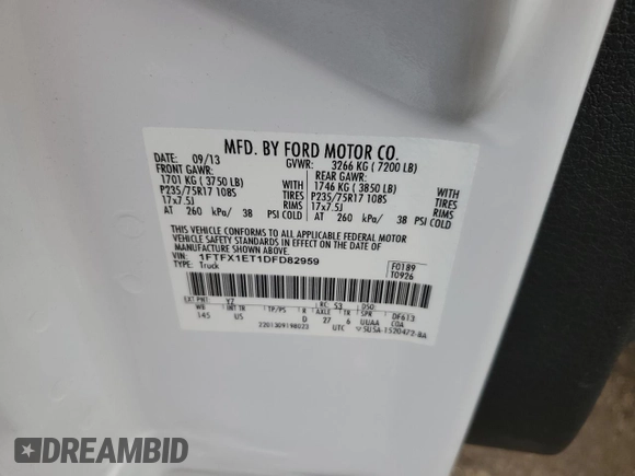 2013 Ford F-150 XL with VIN 1FTFX1ET1DFD82959, listed as a Copart auction lot 42958465 with 104,371 mi miles and Salvage Title. Bid and sale history available at carsss.com. Image 12.