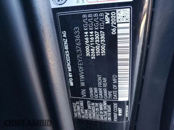 2020 Mercedes-Benz Metris with VIN W1WV0FEY7L3763633, listed as a Copart auction lot 82756324 with 35,263 mi miles and Salvage Title. Bid and sale history available at DreamBid. Image 13.
