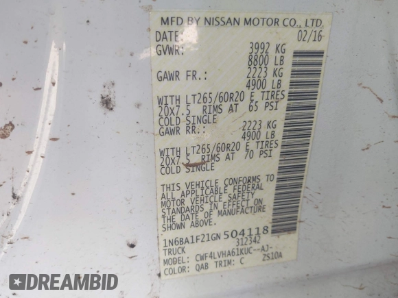 2016 Nissan Titan SL z VIN 1N6BA1F21GN504118, wystawiony jako IAAI lot #41729710 z przebiegiem 127 760 mil mil oraz . Historia ofert i sprzedaży dostępna na DreamBid. Obrazek 9.
