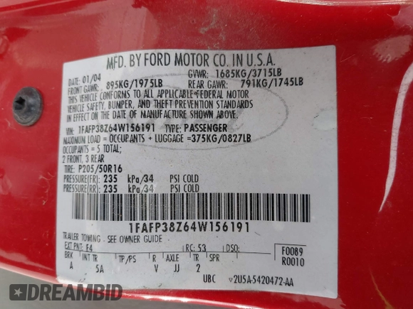 2004 Ford Focus ZTS with VIN 1FAFP38Z64W156191, listed as a IAAI auction lot 41553142 with Not Provided miles and . Bid and sale history available at carsss.com. Image 9.