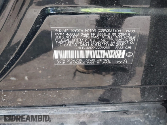 2009 Lexus ES 330 with VIN JTHBJ46G992279255, listed as a IAAI auction lot 42170646 with 109,241 mi miles and . Bid and sale history available at DreamBid. Image 9.