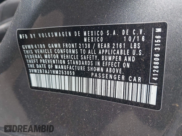 2017 Volkswagen Jetta S with VIN 3VW2B7AJ1HM253059, listed as a IAAI auction lot 42171533 with Not provided miles and . Bid and sale history available at DreamBid. Image 9.