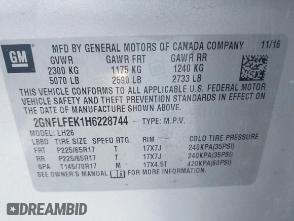 2017 Chevrolet Equinox LT with VIN 2GNFLFEK1H6228744, listed as a IAAI auction lot 41753330 with 72,515 mi miles and . Bid and sale history available at DreamBid. Image 9.
