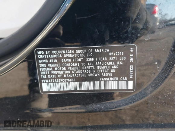 2015 Volkswagen Passat 1.8T Limited Edition with VIN 1VWAT7A37FC075800, listed as a IAAI auction lot 41856654 with 130,139 mi miles. Bid and sale history available at carsss.com. Image 9.