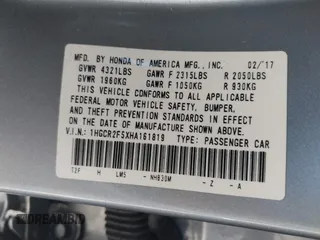 2017 Honda Accord Sedan Sport with VIN 1HGCR2F5XHA161819, listed as a IAAI auction lot 41798195 with 25,837 mi miles. Bid and sale history available at carsss.com. Image 9.