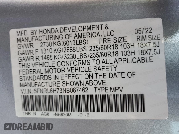 2022 Honda Odyssey EX-L z VIN 5FNRL6H73NB067462, wystawiony jako Copart lot #56568545 z przebiegiem 44 182 mil mil oraz Szkoda całkowita • Salvage title. Historia ofert i sprzedaży dostępna na DreamBid. Obrazek 14.