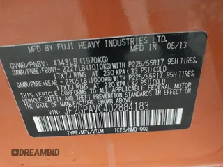 2013 Subaru Crosstrek Premium with VIN JF2GPAVC4D2884183, listed as a IAAI auction lot 42410373 with 160,582 mi miles and . Bid and sale history available at DreamBid. Image 9.