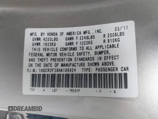 2017 Honda Accord LX with VIN 1HGCR2F36HA189924, listed as a IAAI auction lot 41956124 with 58,117 mi miles. Bid and sale history available at carsss.com. Image 9.
