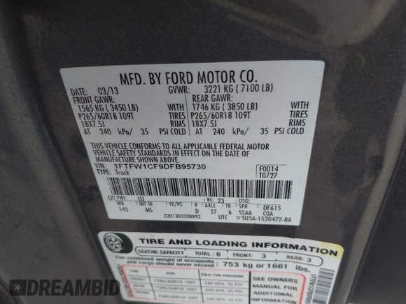 2013 Ford F-150 XL с VIN 1FTFW1CF9DFB95730, выставлен на аукционе IAAI как лот 42697625 с пробегом 228 385 миль миль и . История ставок и продаж доступна на DreamBid. Изображение 9.