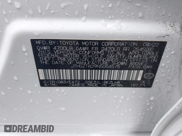 2022 Lexus IS 350 F Sport z VIN JTHGZ1B29N5054575, wystawiony jako IAAI lot #41580227 z przebiegiem 48 922 mil mil oraz . Historia ofert i sprzedaży dostępna na DreamBid. Obrazek 9.