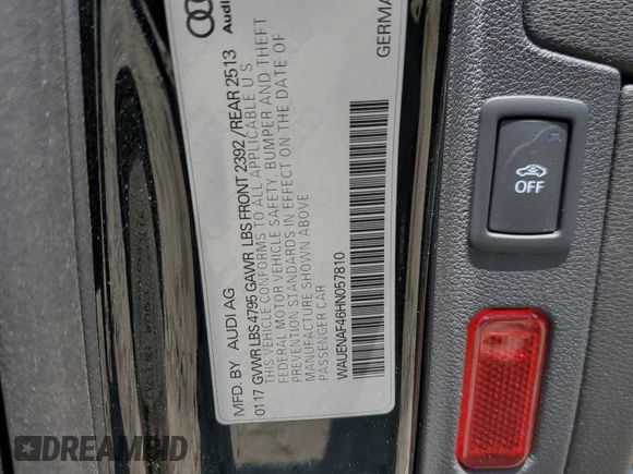 2017 Audi A4 Premium Plus with VIN WAUENAF46HN057810, listed as a Copart auction lot 59391535 with 60,136 mi miles and Salvage title. Bid and sale history available at DreamBid. Image 12.