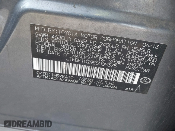 2014 Lexus IS 250 with VIN JTHBF1D29E5005375, listed as a IAAI auction lot 41481295 with 249,716 mi miles. Bid and sale history available at carsss.com. Image 9.