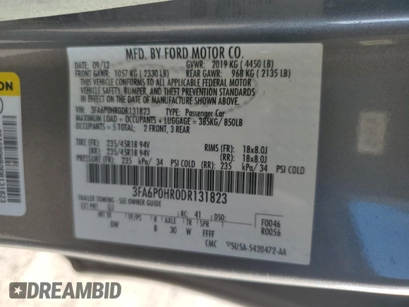 2013 Ford Fusion SE with VIN 3FA6P0HR0DR131823, listed as a Copart auction lot 47783035 with 111,290 mi miles and Non Repairable. Bid and sale history available at DreamBid. Image 13.
