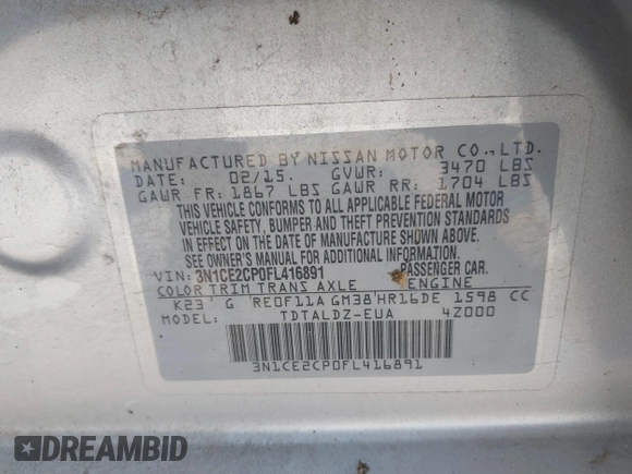 2015 Nissan Note SV with VIN 3N1CE2CP0FL416891, listed as a IAAI auction lot 42179354 with 87,136 mi miles and . Bid and sale history available at DreamBid. Image 9.