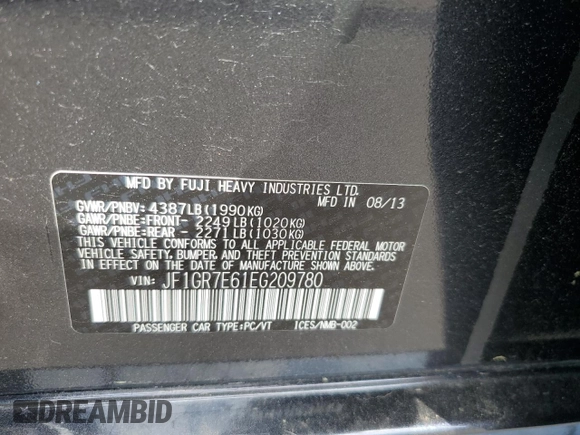 2014 Subaru WRX WRX Premium with VIN JF1GR7E61EG209780, listed as a Copart auction lot 59238524 with 71,191 mi miles and Clean title. Bid and sale history available at DreamBid. Image 12.