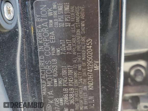 2009 Kia Borrego LX with VIN KNDJH741295020453, listed as a Copart auction lot 43809965 with 188,077 mi miles and Salvage Title. Bid and sale history available at DreamBid. Image 13.