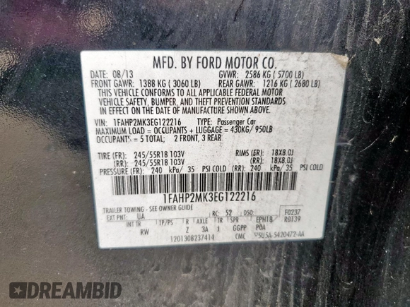 2014 Ford Police Interceptor with VIN 1FAHP2MK3EG122216, listed as a Copart auction lot 57577685 with 133,170 mi miles and Clean title. Bid and sale history available at DreamBid. Image 12.